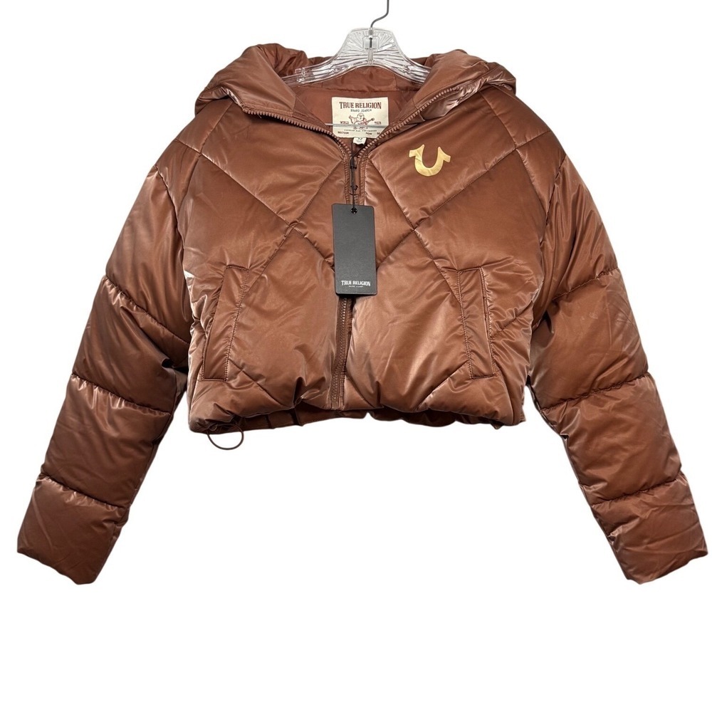 NWT TRUE RELIGION Women's High Shine Foil Hooded Puffer jacket Cropped, Bronze S